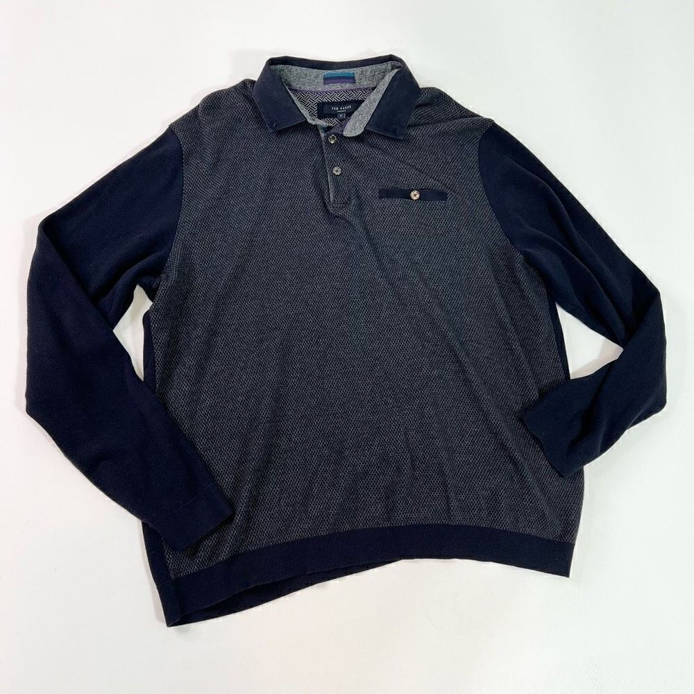 Ted Baker Polo Shirt Mens 3XL Navy Blue Cotton Blend Woolpak Long Sleeve‎